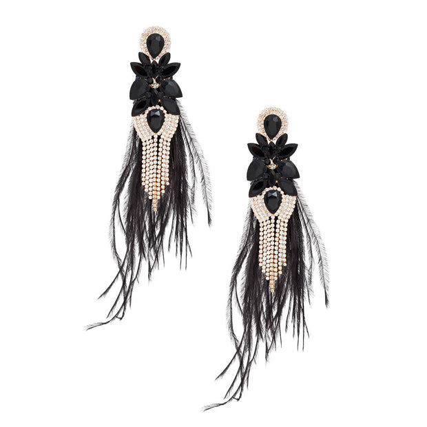 Tassel Black Feather Glass Earrings for Women