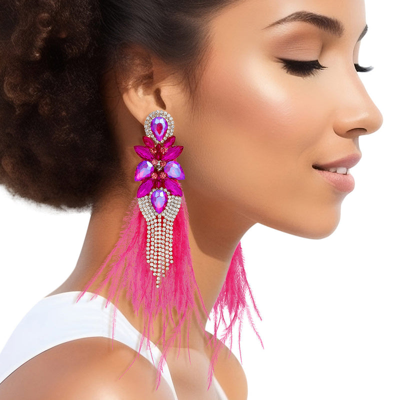 Tassel Fuchsia Feather Glass Earrings for Women