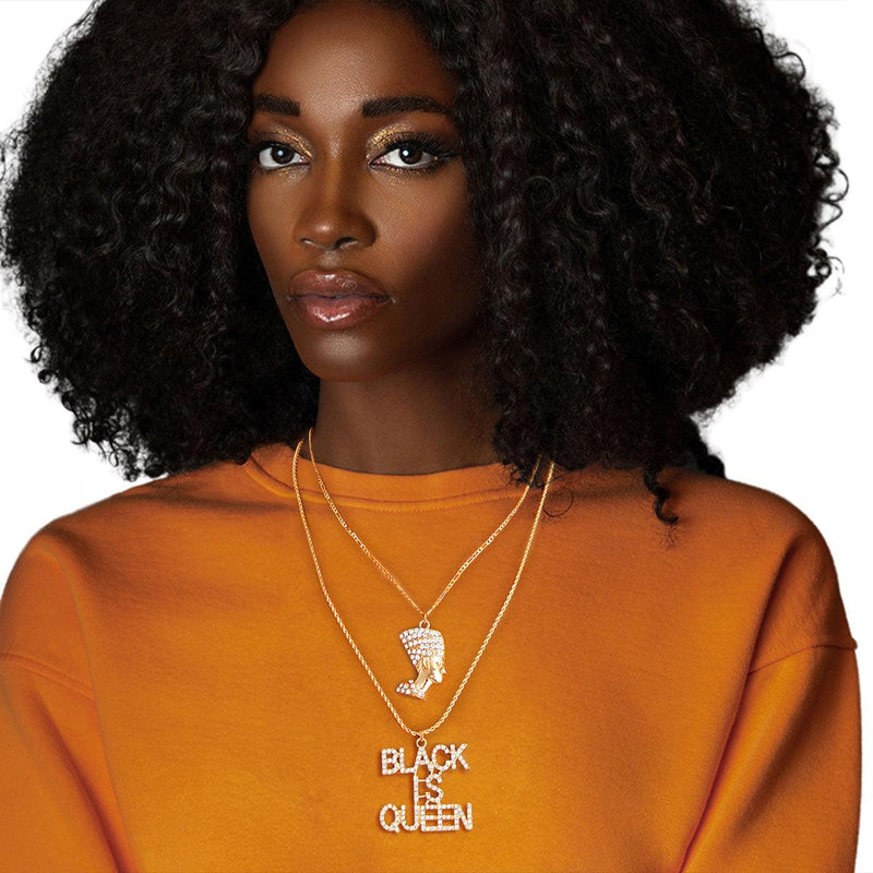 Black is Queen Gold Necklace Use CODE shoptheboutique for 15% OFF  Gold Metal Double Chain Necklace 2 Pcs Set. Includes 16" Chain Featuring Clear Rhinestone Egyptian Queen Nefertiti Pendant. Twisted Chain Featuring Clear Rhinestone BLACK IS QUEEN Pendant EJIJI BOUTIQUE 