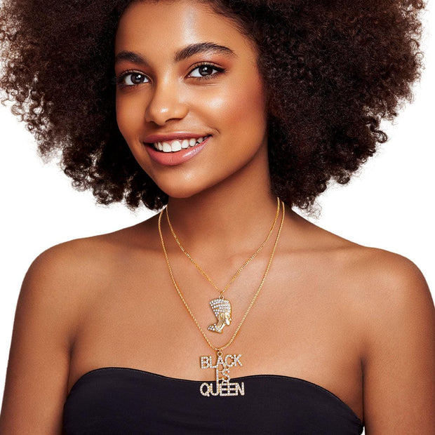 Black is Queen Gold Necklace Use CODE shoptheboutique for 15% OFF  Gold Metal Double Chain Necklace 2 Pcs Set. Includes 16" Chain Featuring Clear Rhinestone Egyptian Queen Nefertiti Pendant. Twisted Chain Featuring Clear Rhinestone BLACK IS QUEEN Pendant EJIJI BOUTIQUE 