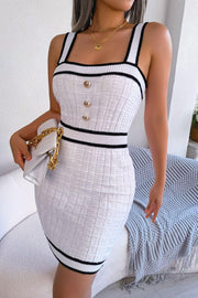 Contrast Trim Decorative Button Sleeveless Knit Dress - EJIJI Boutique