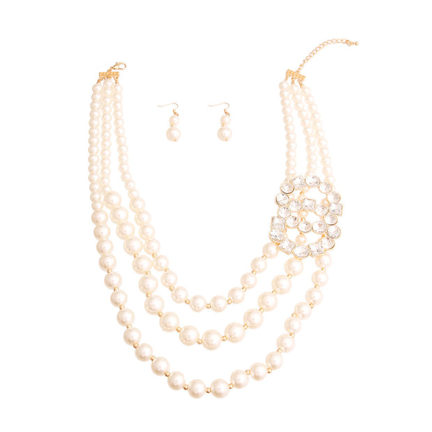 Timeless Opulence: Cream Pearl Layered Necklace Set with Crystal Infinity Ring