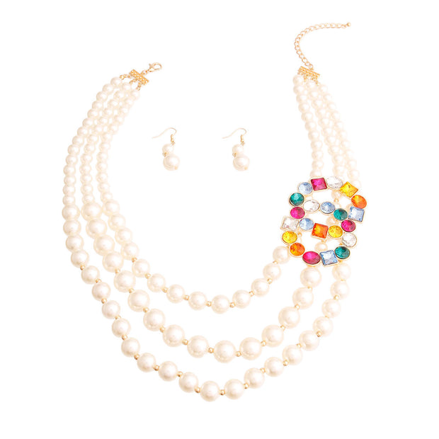 Infinite Elegance: Multi-Color Infinity Ring 3-Layer Pearl Necklace Set