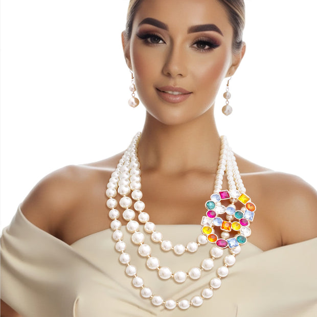 Infinite Elegance: Multi-Color Infinity Ring 3-Layer Pearl Necklace Set