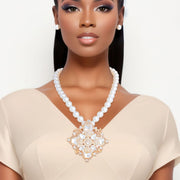 Pearl Necklace Cream Crystal Pendant Set for Women