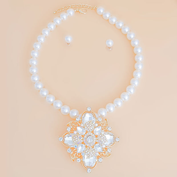 Pearl Necklace Cream Crystal Pendant Set for Women