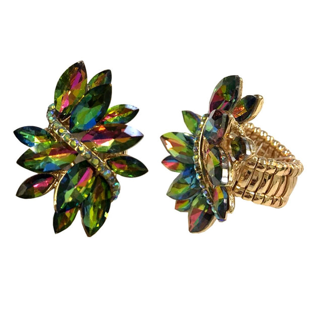 Pink and Green - Multi Color Ring Stretch Ring Featuring Pink and Green Multi Marquise Crystal Cluster Design. Shop now, Pay Later - 4 interest-Free payments with 