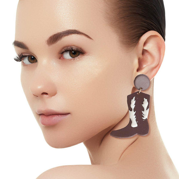 Dark Brown and White Clay Boots Earrings