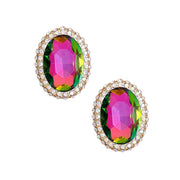 Pink Green Oval Halo Studs