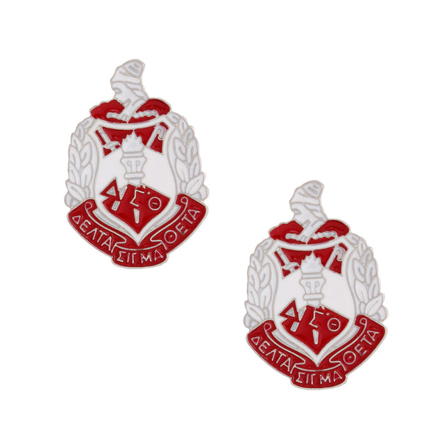A pair of Delta Sigma Theta inspired stud earrings featuring the iconic red and white colors and crest. Perfect for showing sorority pride at meetings, events, or everyday wear. EJIJI Boutique