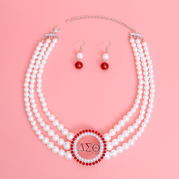 Pearl Necklace Red White Delta Set for Women