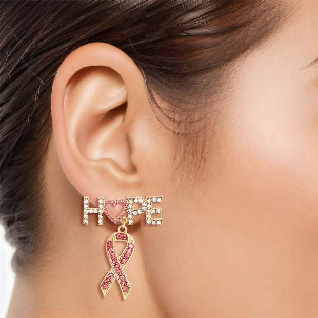 Gold Hope Pink Ribbon Earrings