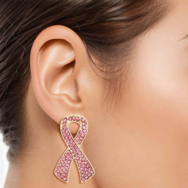 Gold Pink Ribbon Stud Earrings