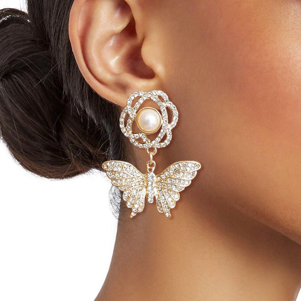 Gold Rose Butterfly Rhinestone Earrings