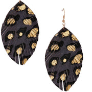 Gray Leopard Leather Feather Earrings