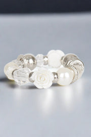 Here I Am White Paparazzi Bracelet - Silver, pearly white, and crystal-like beads on a stretchy band. EJIJI Boutique