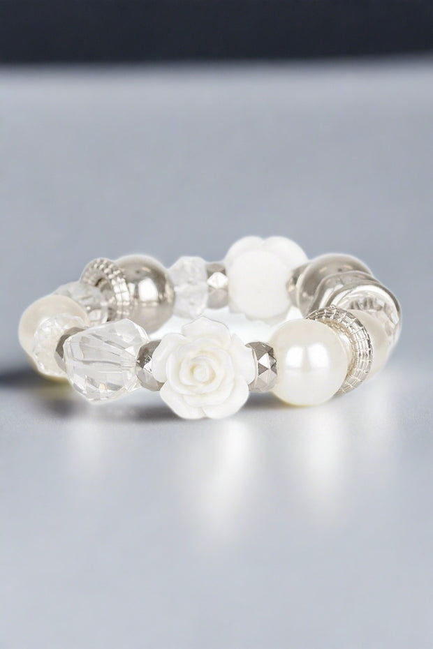 Here I Am White Paparazzi Bracelet - Silver, pearly white, and crystal-like beads on a stretchy band. EJIJI Boutique