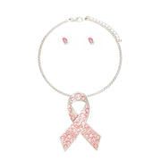 Silver Pink Stone Cancer Ribbon Pendant Collar