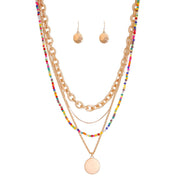 Layered Multicolor Necklace Gold Metal 4 Strand Necklace Set Featuring Multi Color Glass Bead Strand and a Variety of Chain Style Strands. Features Round Pendant. Necklace measures 15" to 18.5" Free shipping on orders over $50