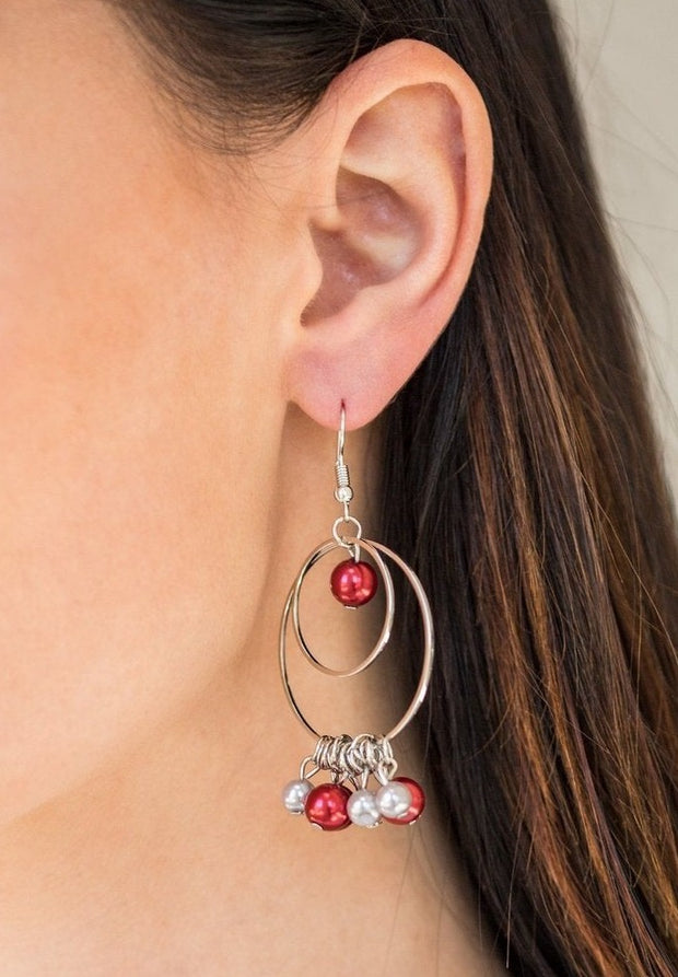Silver hoop earrings with red pearl and fringe detail. EJIJI Boutique
