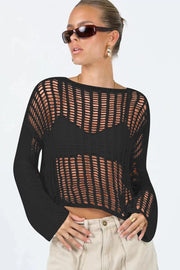 Openwork Boat Neck Long Sleeve Cover Up - EJIJI Boutique
