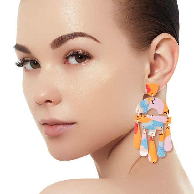 Orange Marbled Clay Teardrop Earrings