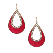 Pink Leather Teardrop Earrings These leather earrings will turn heads! With pink leather and dazzling rhinestones, they add a touch of glamour. The gold metal fish hook earring backs adds a unique touch, making these pink earrings stand out. These leather teardrop earrings are a must-have. 