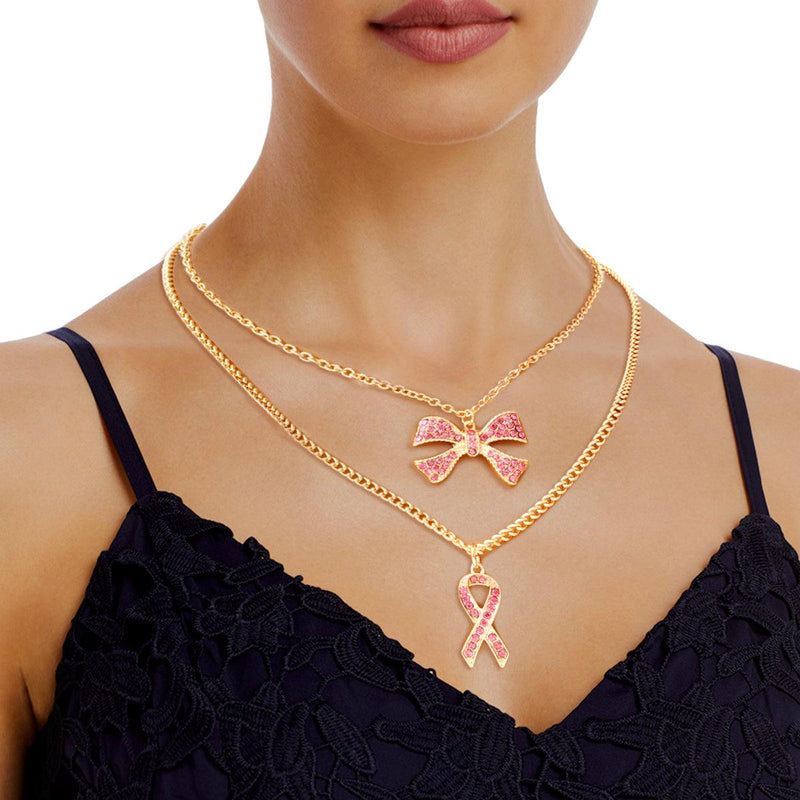 Pink Ribbon Double Layer Gold Necklace Set