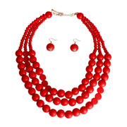 Red Round Wood Bead 3 Strand Necklace