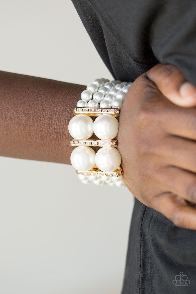 Romance Remix White Paparazzi Bracelet - Strands of white pearls with rhinestone encrusted frames. EJIJI Boutique