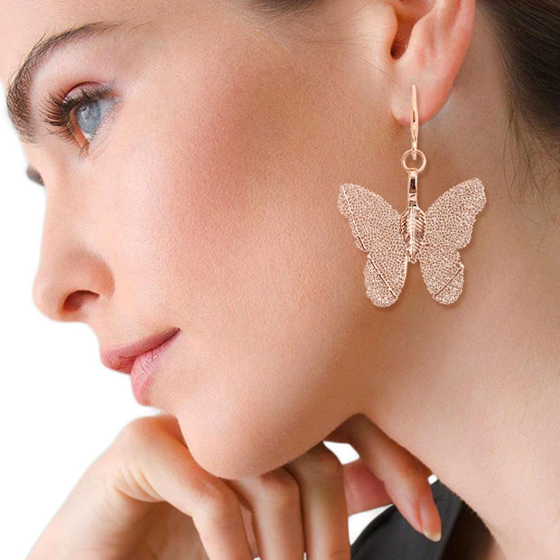 Rose Gold Dipped Real Leaf Butterfly Earrings