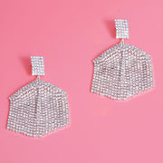 Silver Hexagon Rhinestone Fringe Earrings