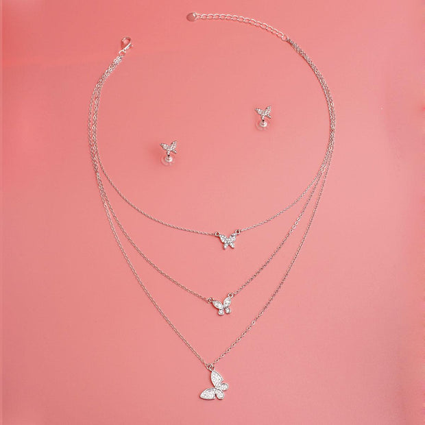 Silver Triple Chain Butterfly Necklace