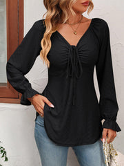 Tie Front V-Neck Puff Sleeve Blouse - EJIJI Boutique