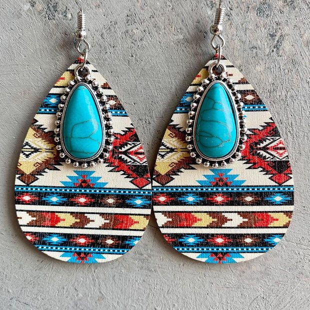 Turquoise Teardrop Shape Wooden Dangle Earrings - EJIJI Boutique