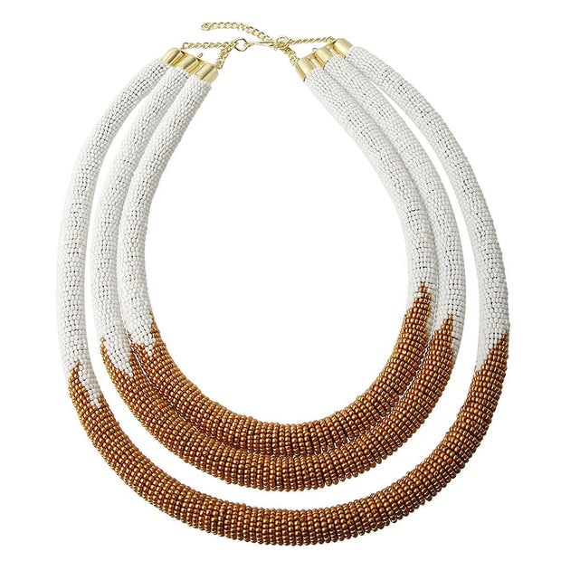 Zulu Jewelry - Beaded Collar Necklace - White and Gold Necklace Tribal Zulu Maasai Triple Layered White and Gold Beaded Rope Necklace. Handcrafted. Fair Trade. Exclusive. Free shipping on orders over $50